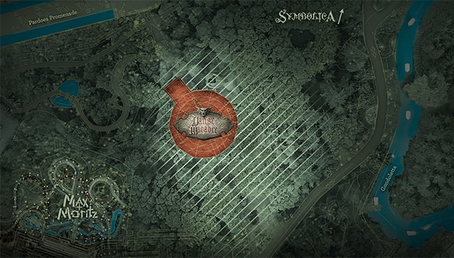 Plattegrond van het nieuw themagebied en attractie Danse Macabre. 